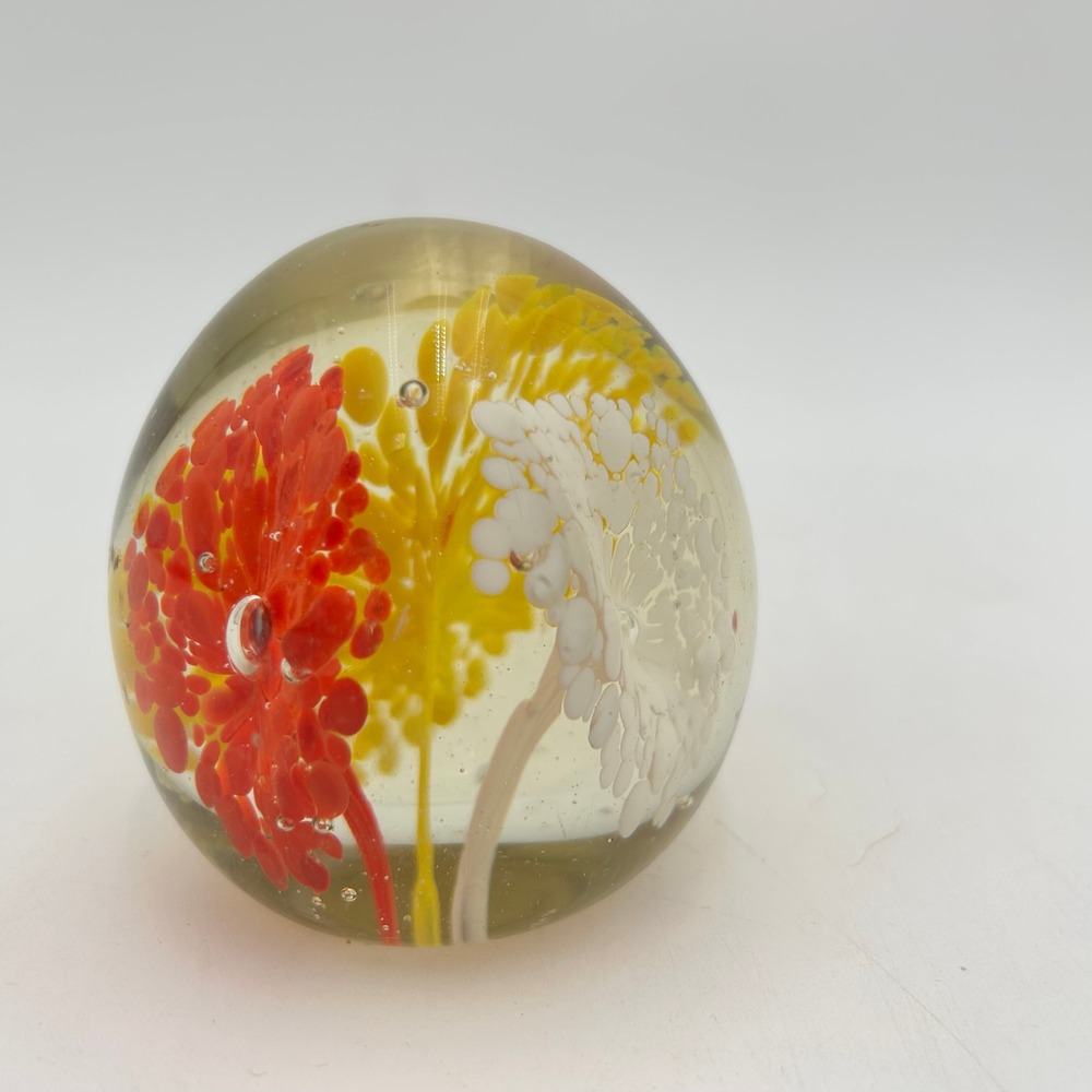 Art Glass Paperweight Red Yellow White Floral Flower Style Orb Bubbles